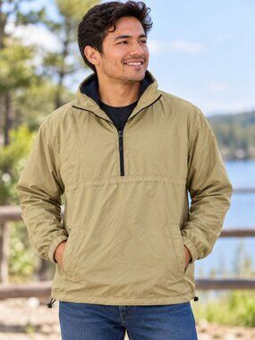 Cals Men's Pull Over Half Zip Windbreaker Jacket Light Beige Khaki Spring 2XL